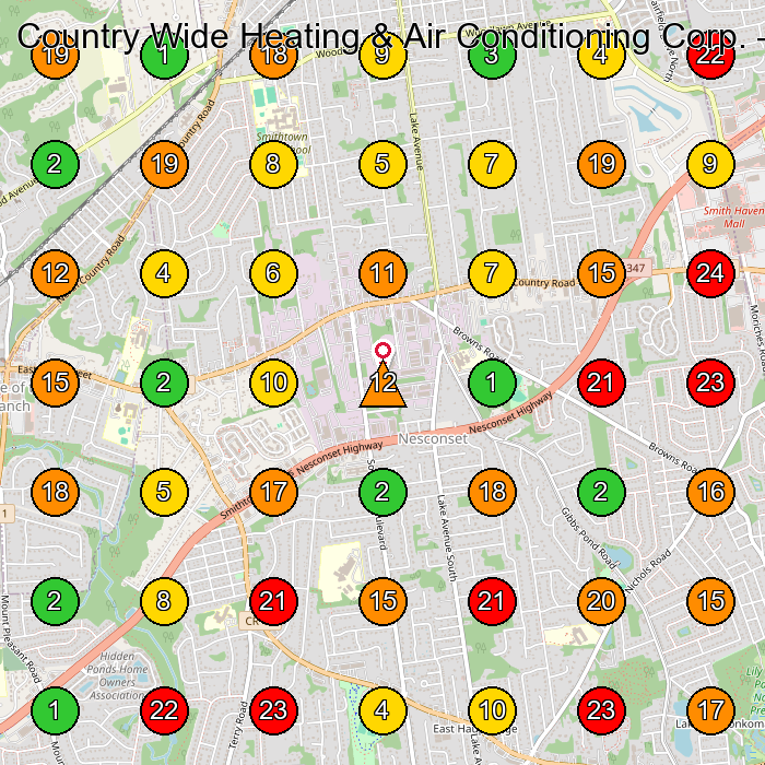 Country Wide Heating & Air Conditioning Corp. Air Conditioning Contractor GeoGrid ranking map for NY 11767